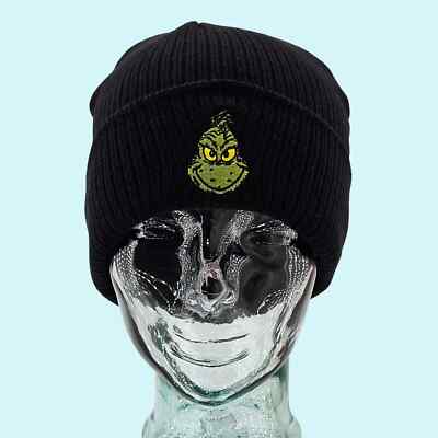Grinch Hats Beanies Green Black Cuffed Knit Embroidered 