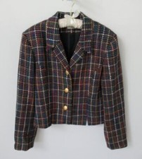 Doncaster Silks black tweed plaid woven silk long sleeve lined jacket Sz 8 