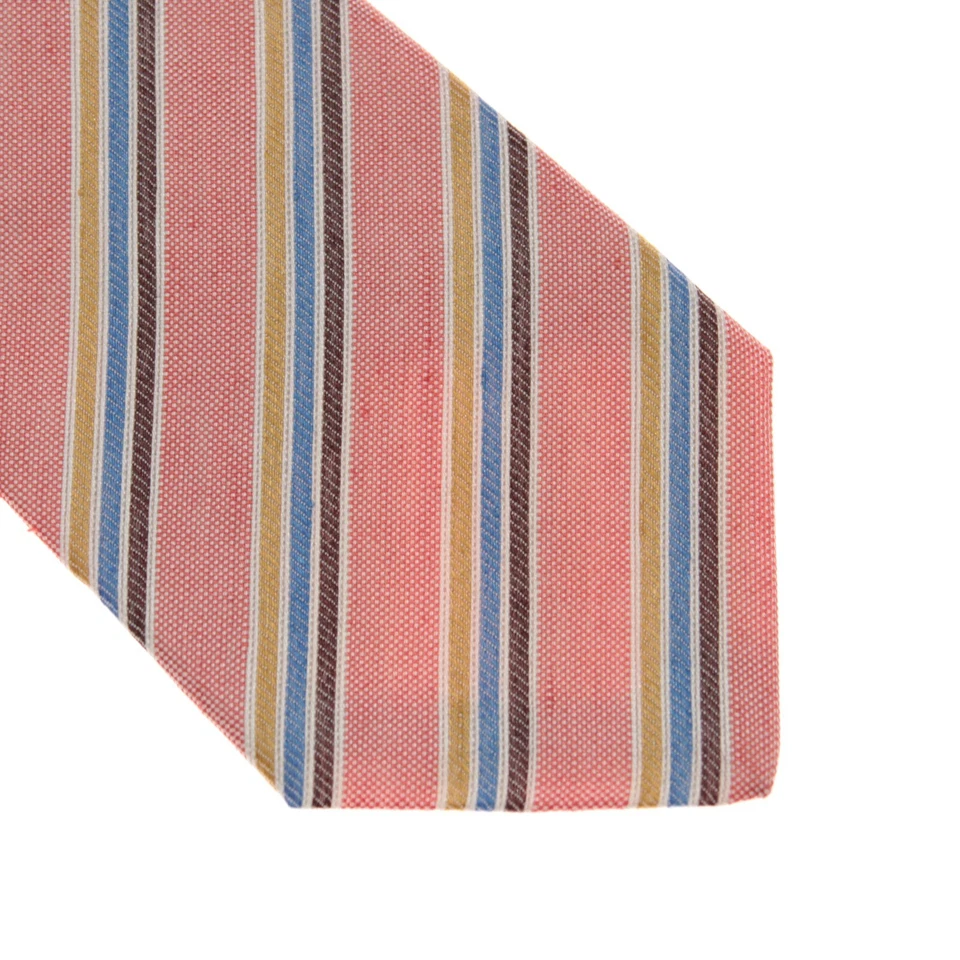 Corbata Kiton nueva sin etiquetas de lino/seda siete pliegues rosa oscuro con rayas marrones/azules/doradas Foto 2 de 4