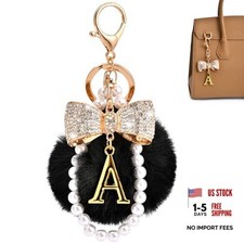 Gold Initial Keychain with Rhinestone Bow Black Pom Pom, Cute Gold Letter a