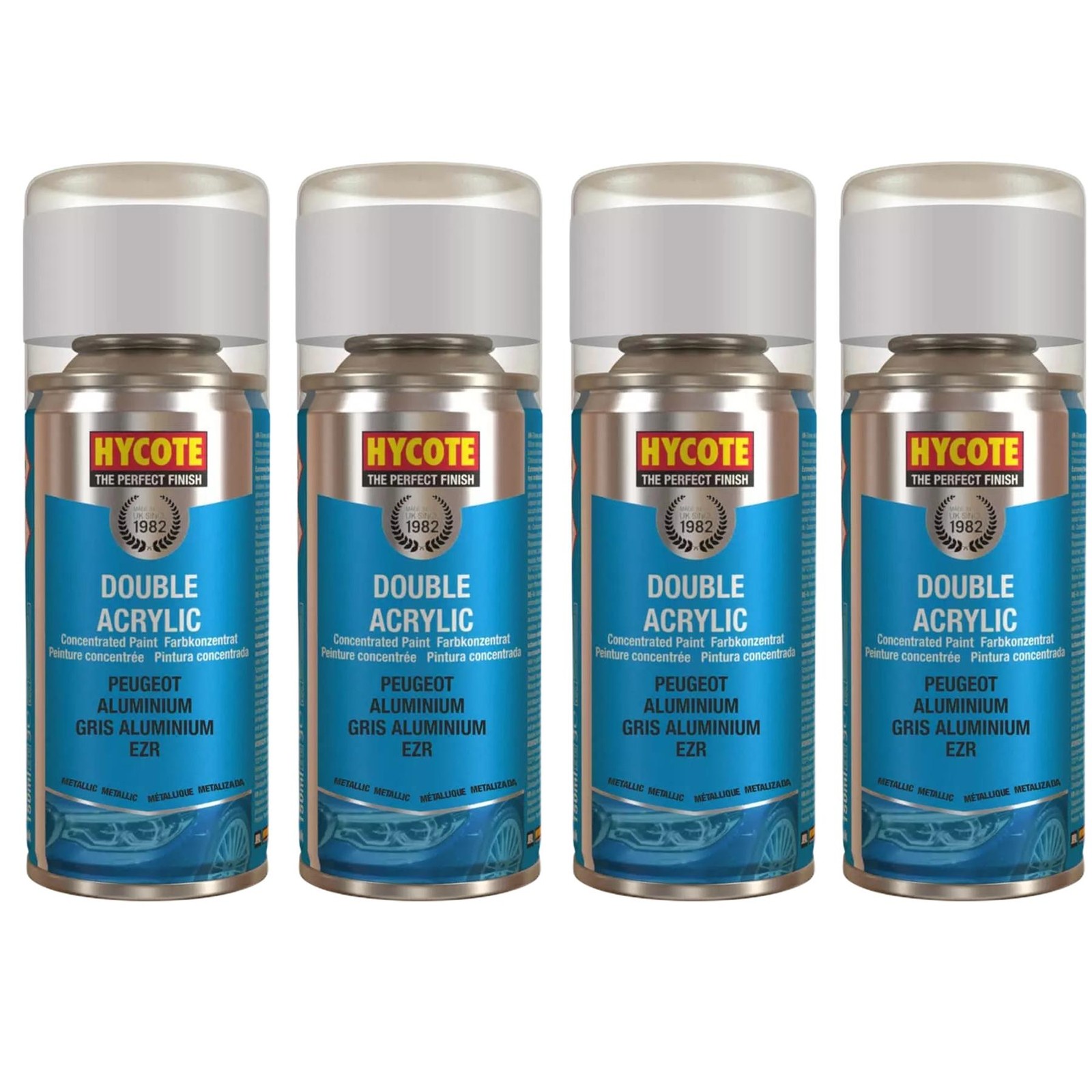 Hycote Colour Spray Paint  Peugeot Aluminium (Metallic) 150ml Fast Drying x4