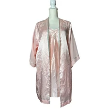 Vintage Val Mode Lingerie Set Pink Robe & Slip Dress Floral Embroidery