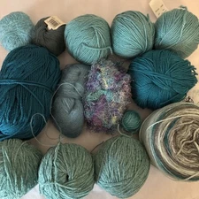 Lot Of Yarn -  Wool Cotton Various Brands Styles Knitting ~ Great Assort Teals