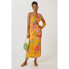Farm Rio Anthropologie One Shoulder Cutout Maxi Dress Floral Orange L