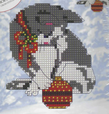 CHRISTMAS KITTY ORNAMENT--Candamar--Grey  White Cat--Counted Cross Stitch KIT
