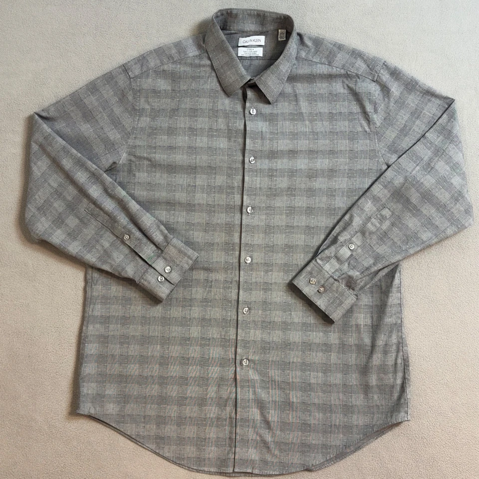 Calvin Klein Steel+ Men's Dress Shirt Gray Plaid Stretch Slim Fit 17 32/33 - Image 3 of 4