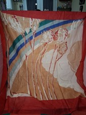VINTAGE Cacharel Red Beige Floral Cotton Scarf Golluber Japan 34  Square