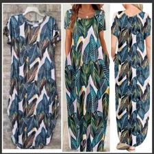 Palm Leaf Print SS Tshirt Maxi Dress W/ Side Splits (Size L) Comfy Beach Pool 