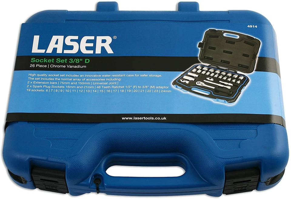LASER TOOLS 4914 3/8"D 26 Pc Metric Socket Set 6mm-24mm Shallow, Ratchet,etc - Image 3 of 4