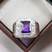 Amethyst Emerald Cut Gemstone With 925 Sterling Silver Ring For Men's #B716