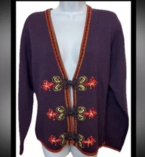 Vtg HERMAN GEIST Wool Cardigan Sweater Hand Embroidered Purple Small