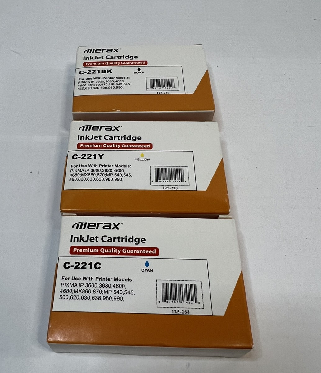 Merax Ink Jet Cartridge C-221 Bk Black Cyan And Yellow Lot Merax Ink Jet Cartridge C-221 Bk Black Cyan And Yellow Lot