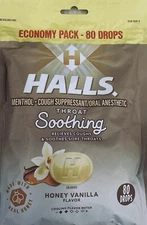 Halls HONEY VANILLA Throat Soothing Lozenges Menthol Cough Suppressant 80 Drops