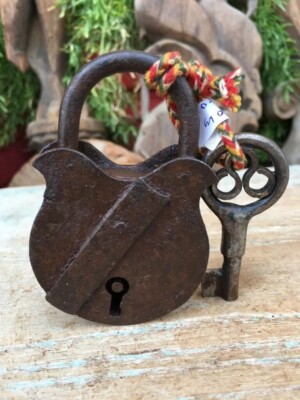 Rare Original Antique Rustic Iron Made Hand Forged Dust Safety System Lock & Key