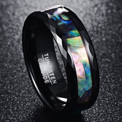 8mm Abalone Shell Men Ring Faceted Tungsten Wedding Band Comfort Fit
