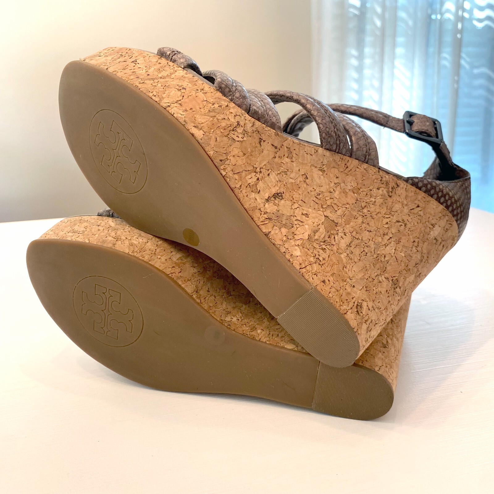 Tory Burch Taupe Python Embossed Leather Cork Wed… - image 6