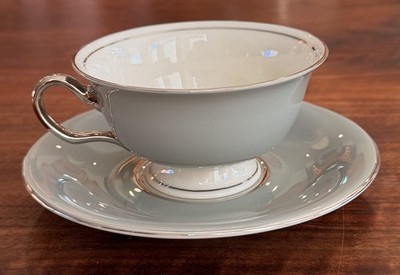 Castleton China Lyric CUP & SAUCER SET Gray Rim Platinum Trim 1957-1972