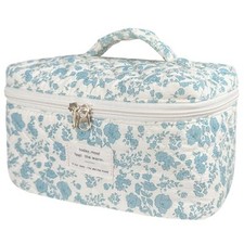 Large Makeup Bag, Cute Cosmetic Bag for Women Girls Floral Blue Flower-Large