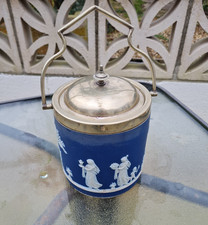 Antique Wedgwood Cobalt Blue Jasperware Silver Plate Biscuit Barrel