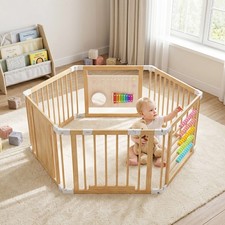 Kids Safety Fence with Gate Foldable Wooden Toddler Playpen for Indoor Outdoor