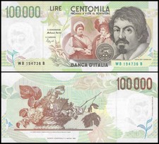 * ITALY 100 000 lire 1994 P 117 a * RARE ** UNC ** Pre-Euro * Caravaggio