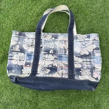 L.L. Bean Boat & Tote Canvas Bag Madras Plaid Blue Hawaiian Floral