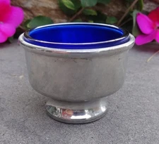 Polished Pewter Open Salt Dip, Cellar, Dish w/Cobalt Blue Glass Liner!