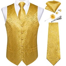 Mens Vest and Tie Set Formal Paisley Waistcoat and Small Yellow Gold Paisley