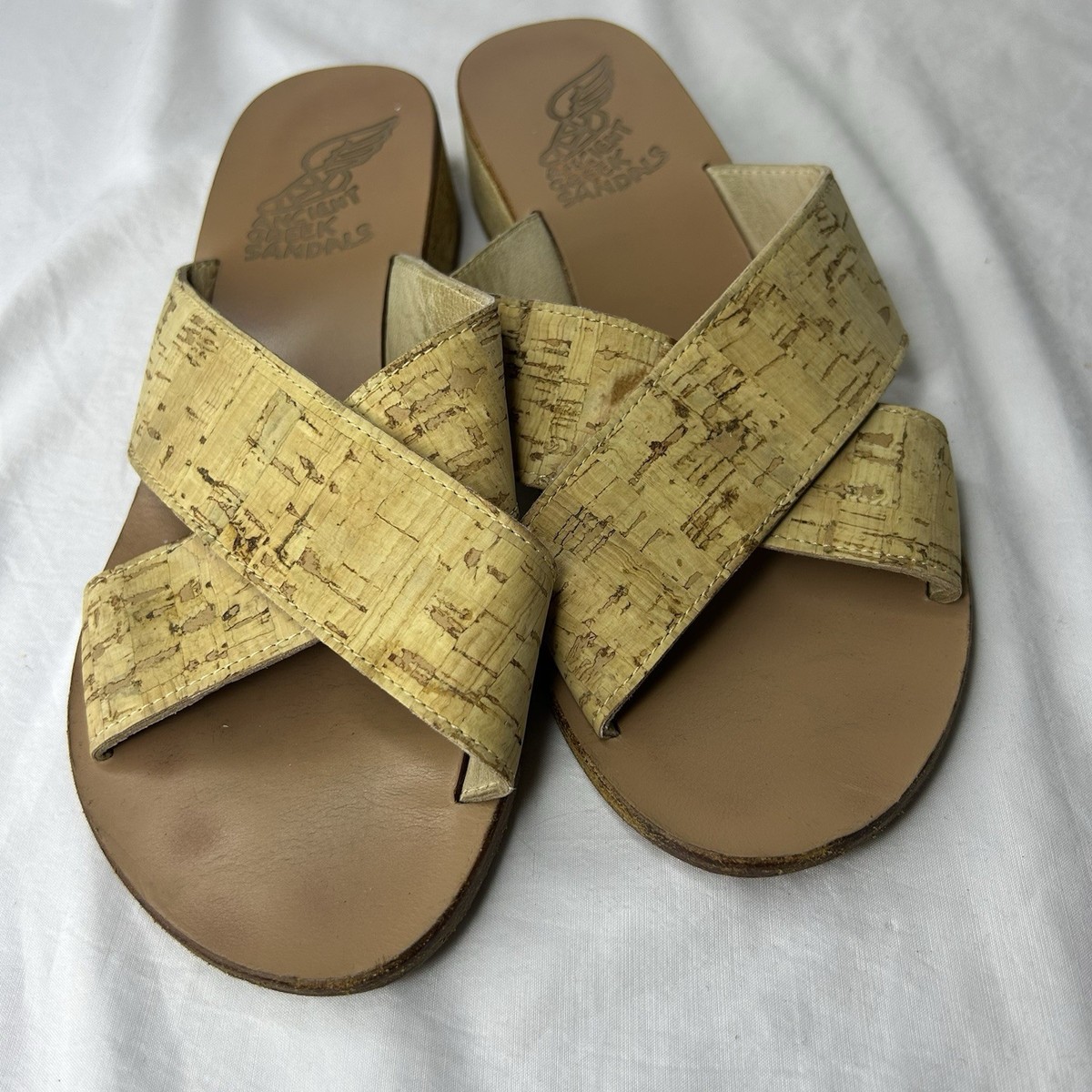 Ancient Greek Thais Sandals Wedge Sandals Tan Cork Criss Cross Slides Size 39 View 5