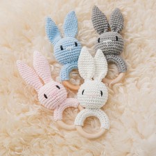 Handmade Crochet Bunny Rattle Wooden Baby Teether Toy Newborn 0-12 Months