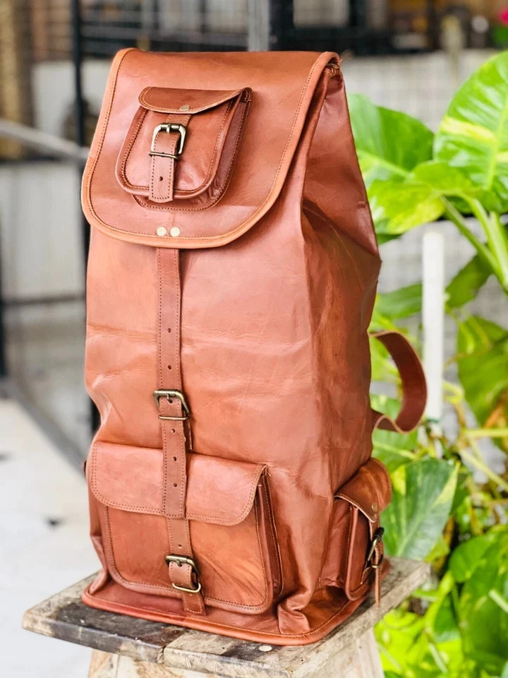 Backpack Men's Handmade Leather Bag Genuine Rucksack Travel Brown New Laptop