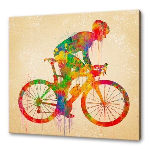 Cyclist Bicycle Colourful Watercolour Painting Style Modern Design Canvas Print - Picture 1 of 8