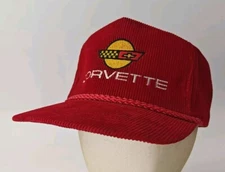 Vtg Ampro Corvette Red Corduroy Trucker Zipback  Hat Cap