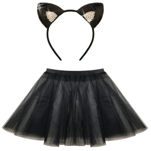 Ladies Halloween Costume WITCHES BLACK CAT Fancy Dress TUTU Accessory Ears Set - Picture 1 of 2