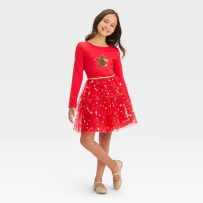 Cat & Jack Girls Long Sleeve Sequin Star Christmas Tutu Dress - 8