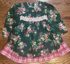 Vintage Peaches  n Cream Girls Dress Sz 5 Long Sleeve Floral Plaid Lace Trim USA