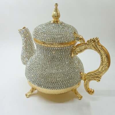 Turkish Handmade Swarovski Crystals Coated Copper Teapot Home Decor Gold Color