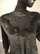 Authentic Vintage 1910s Black Silk Lace Trim Blouson Bodice Blouse Top E-29 