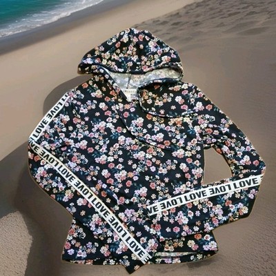 VTG Y2K Eye Candy Hooded Pull Over Knit Shirt LOVE Sleeves Floral Junior L