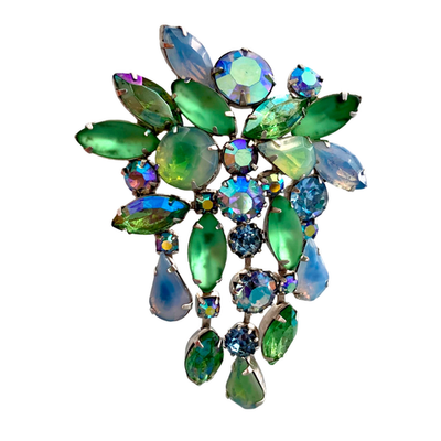 #ad Vintage 1960s Signed KRAMER Blue Green Art Glass Aurora Rhinestone Dangle Brooch $125.00