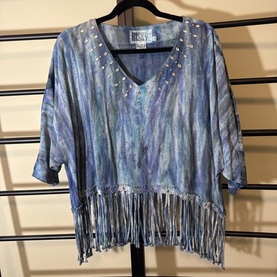 Vintage Tie Dye Top Boho Blue With Fringe Rhinestones Women s Size Medium