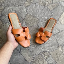 Hermes H Logo Orange Leather Mule Sandals Block Heel Women