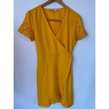 LOFT Wrap Dress Eyelet Sleeve Linen Blend Womens S Yellow Excellent