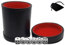 6 16mm White Dice w/Pouch Black PU Leather Red Felt Lined Dice Cup Lid Tray