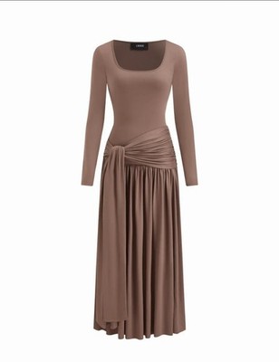 CIDER Brown Long Sleeve Maxi Dress Ruched Bow Accent Square Neck Stretch |  eBay