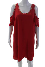 Michael Michael Kors Womens Studded Cold Shoulder Dress Red Gold Size Large