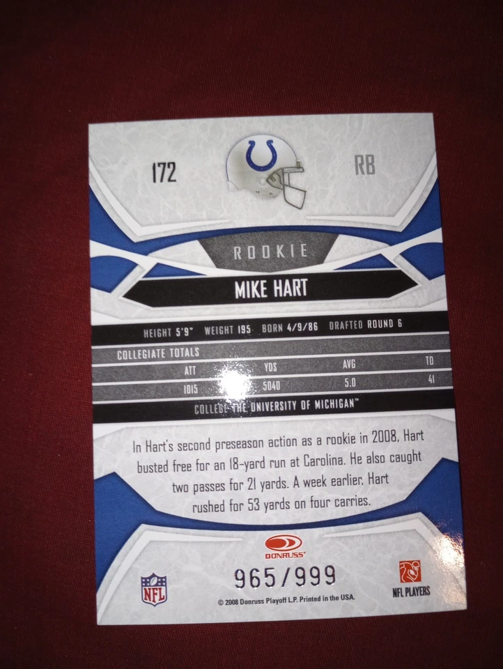 2008 Donruss Gridiron Gear Mike Hart Rookie /999 Indianapolis Colts #172 U MICH - Image 2 of 4