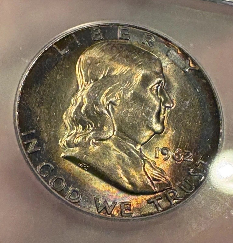 1962 Franklin Half Dollar MS64 Monster toner, ICG graded, Beautiful Dark Rainbow