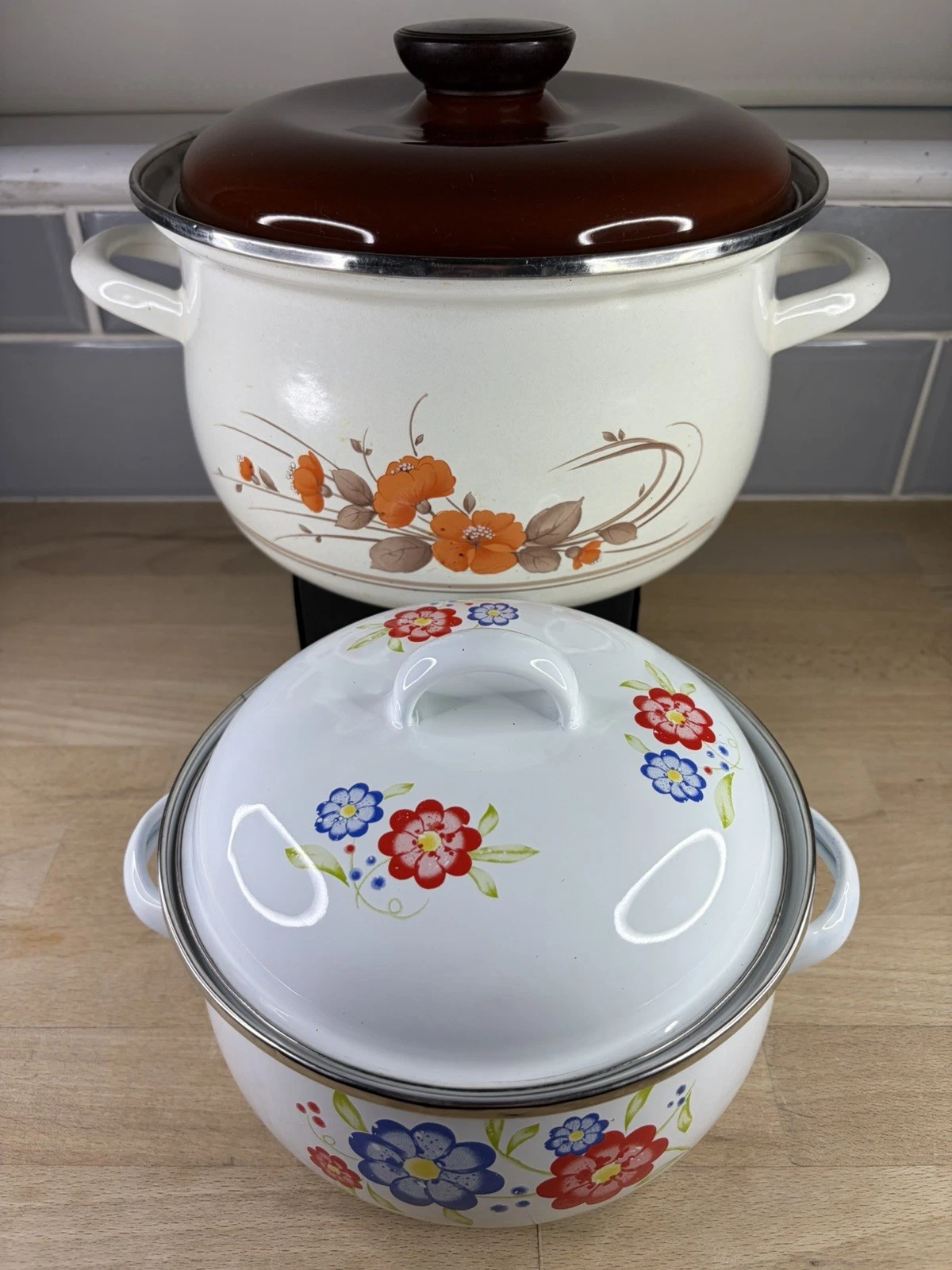 Vintage 1960s/70s Enamel Stock Pot Saucepan 5L & 1.7L Set Of 2