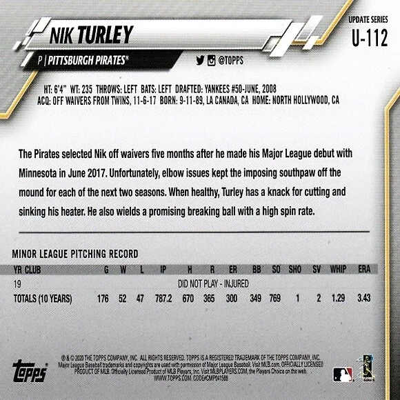 Nik Turley (Pittsburgh Pirates) 2020 Topps Update Series MLB Card - Number U-112 - Image 2 of 2